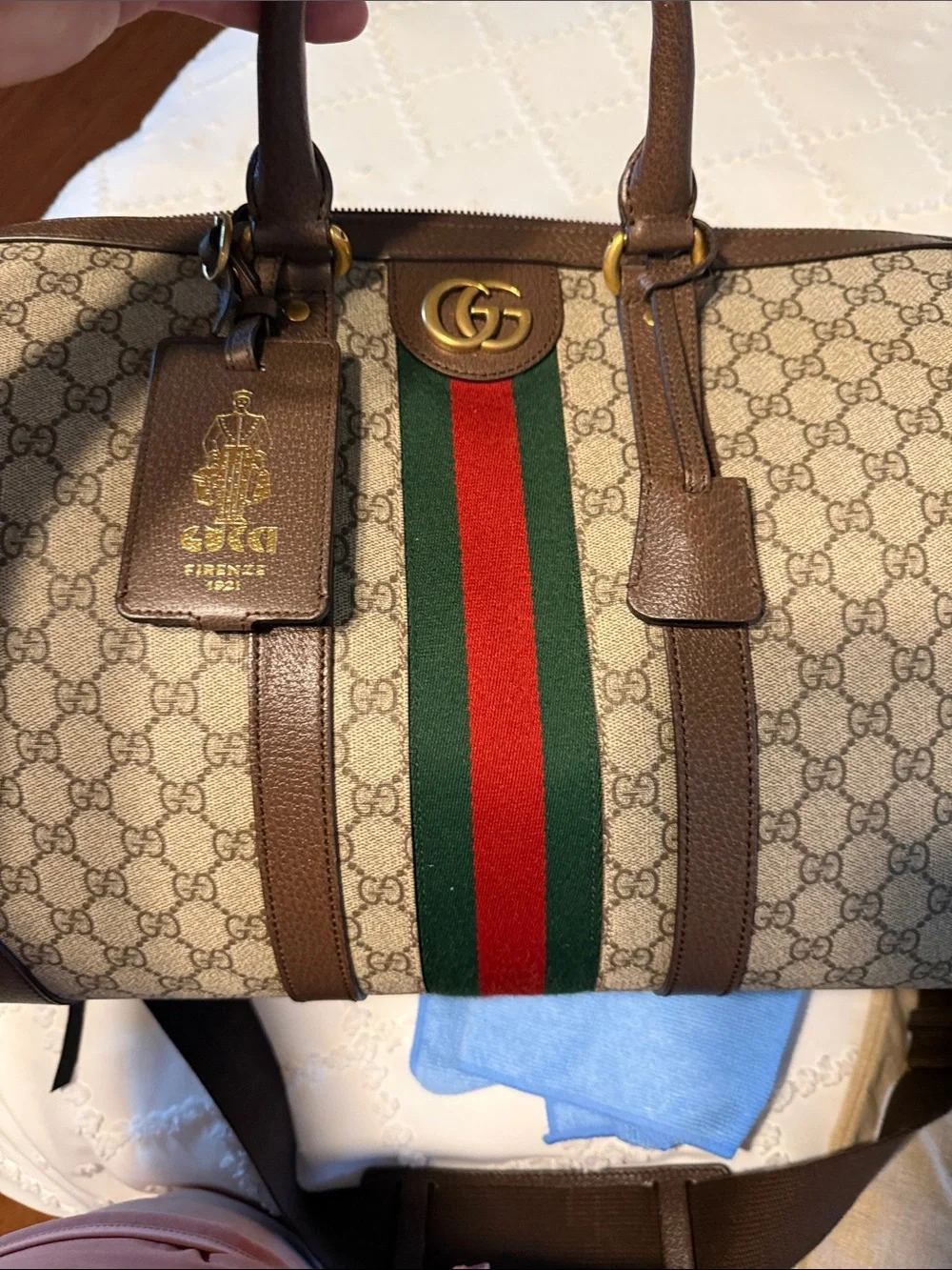 Gucci Brown GG Supreme Canvas Duffel with Green-Red Web Stripe MENS/ UNISEX